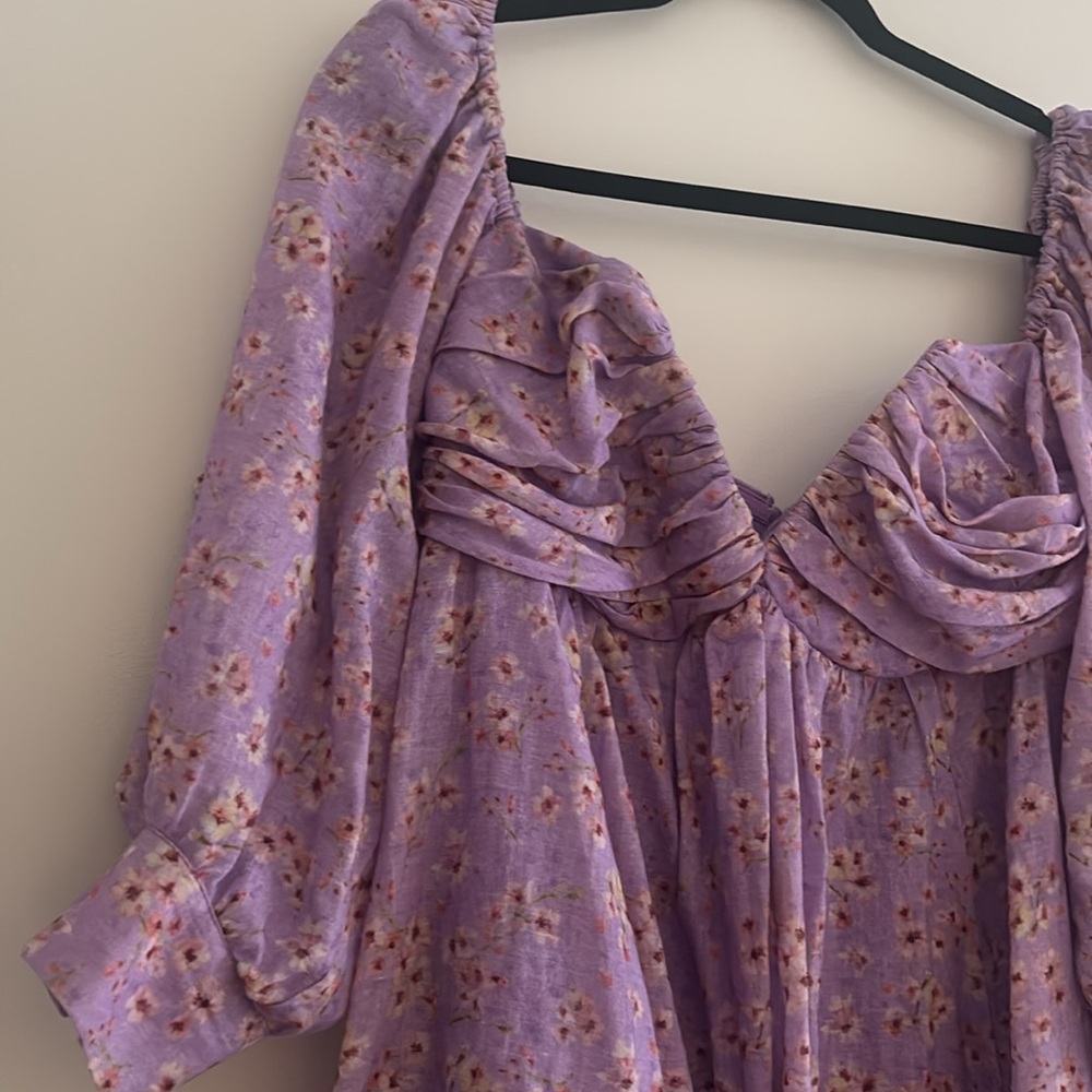 Bardot Off Shoulder Floral Lavender Long Sleeve Dress - Picture 7 of 8